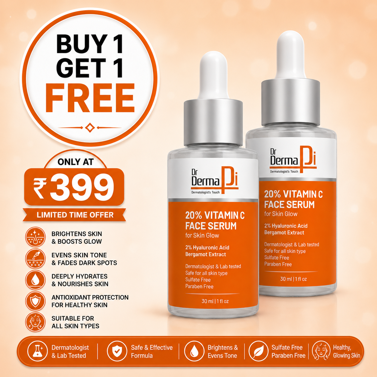 20% Vitamin C Face Serum with Hyaluronic Acid For Skin Glow – 30ml