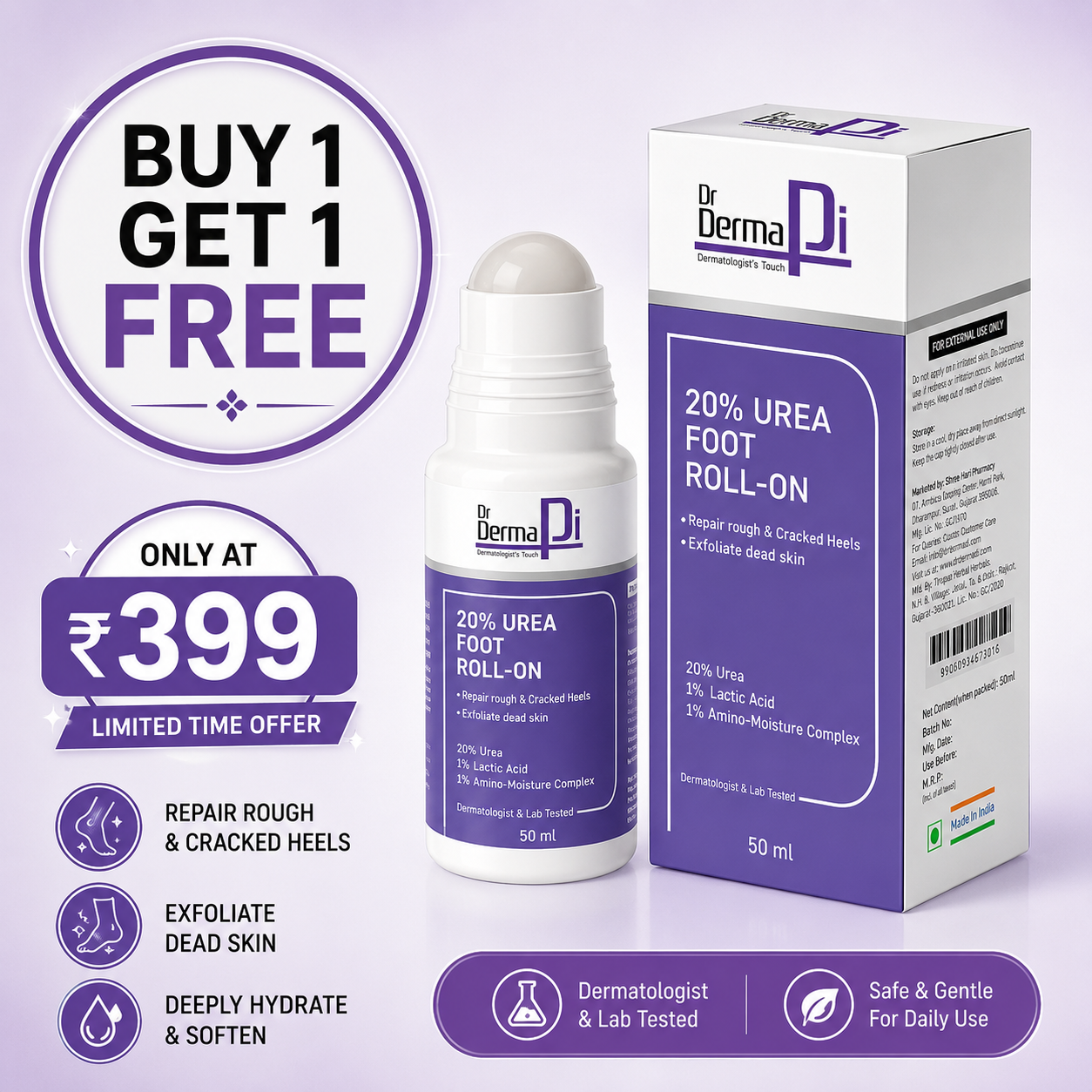 Drdermapi 20% Urea Foot Cream Roll-On 50ml | Foot roll on for cracked heels