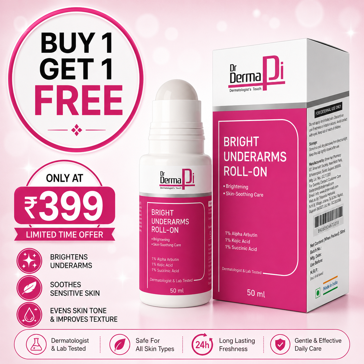 drdermapi 50ml  Underarm Roll On | 72 H Long Lasting Floral Scent | For Women