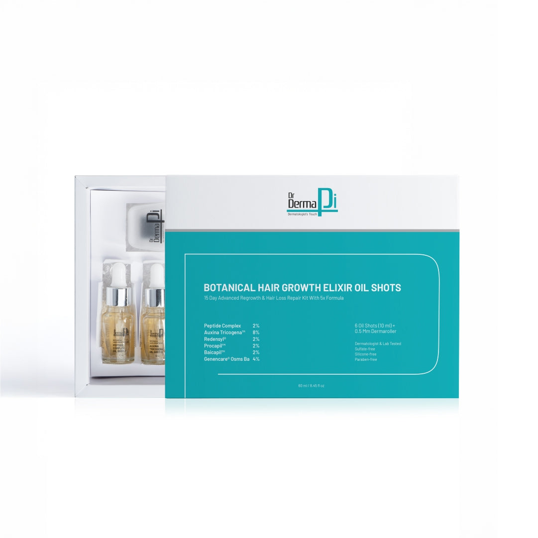 Drdermapi Botanical Hair Growth Elixir Oil Shots | Suitable for All Hair Types- 6 Vials (10 ml) + 0.5 mm Dermaroller
