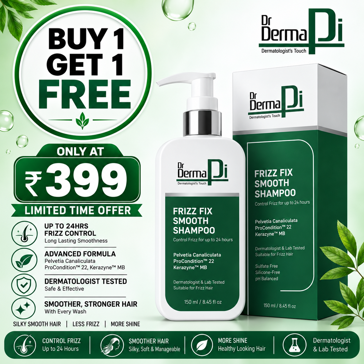 Drdermapi Anti Frizz Fix Shampoo, Frizz Control Upto 24 Hours,Dry & Frizzy Hair, Smooth, Shiny & Frizz Free Hair For Unisex-150ml