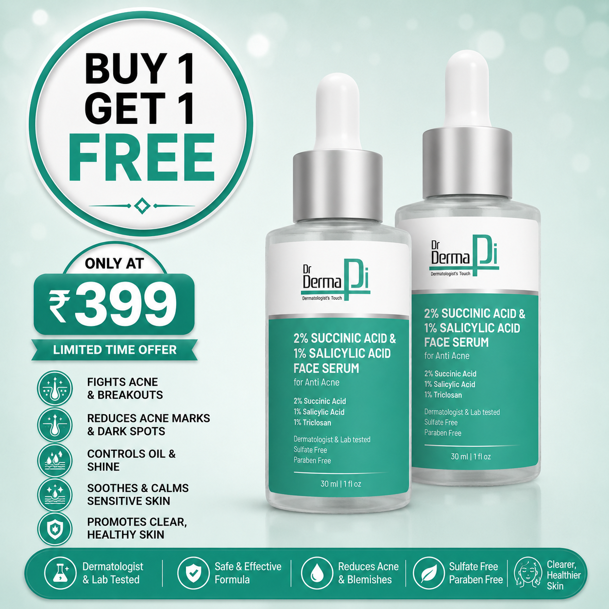 1% Salicylic acid & 2% Succinic Acid Face Serum-30ml For Hydrates Treats Acne